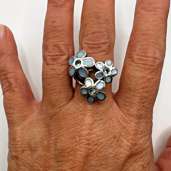 Château d’Argent Sterling Blue Mother of Pearl Triple Daisy Flower Ring sz 7.75 - Picture 2 of 13